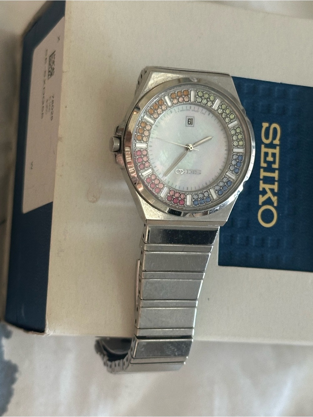 Seiko Silver Women's Watch with Rainbow Crystal Accents